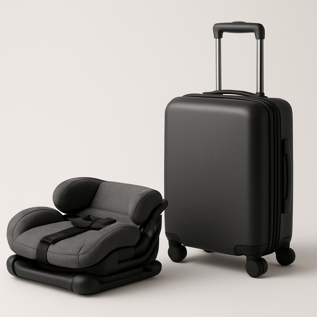 Travel car seat folded next to a carry-on bag
