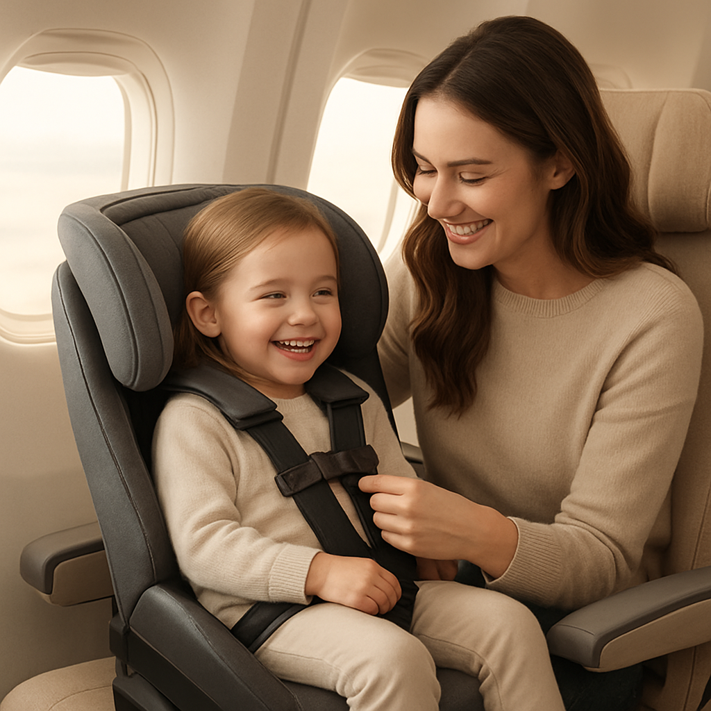 Parent buckling a child into a lightweight travel car seat on an airplane